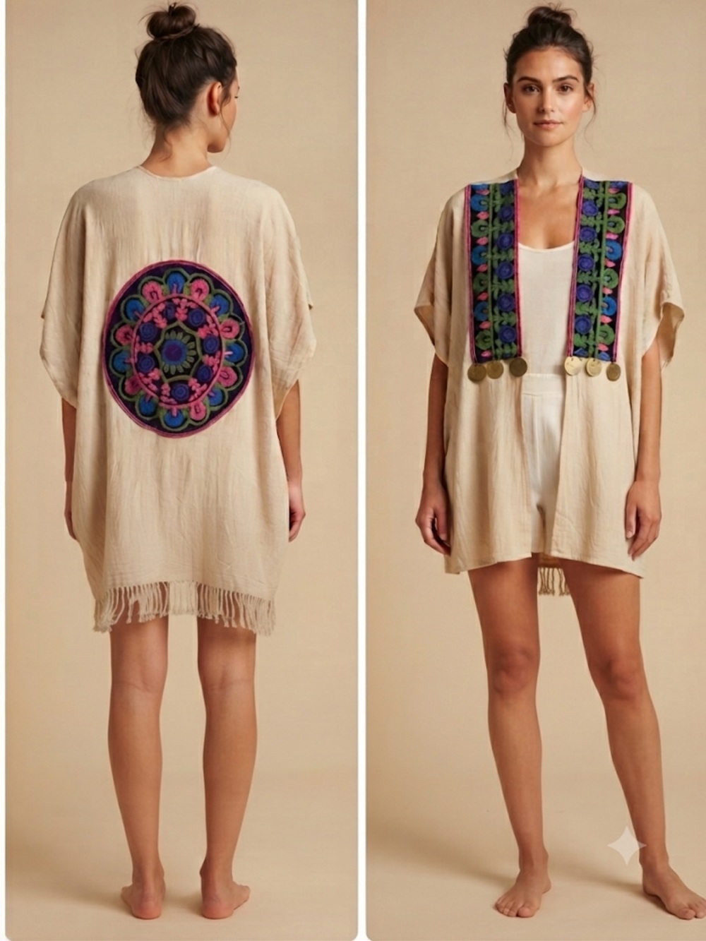 Boho Embroidered Linen Kimono/Cover-Up M_S